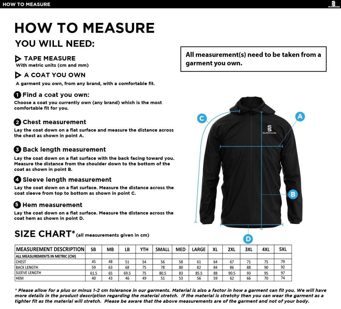 Warlingham Cricket Club Lightweight Full Zip Training Jacket - Size Guide