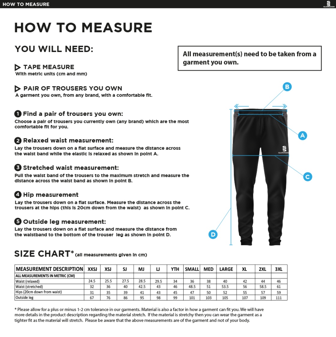 Warlingham Cricket Club Dual Skinny Pants - Size Guide