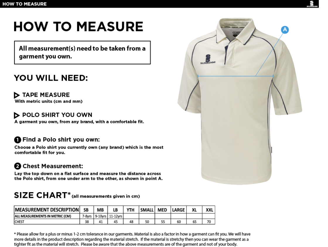 Warlingham Cricket Club Premier 3/4 Sleeve Playing Shirt - Size Guide