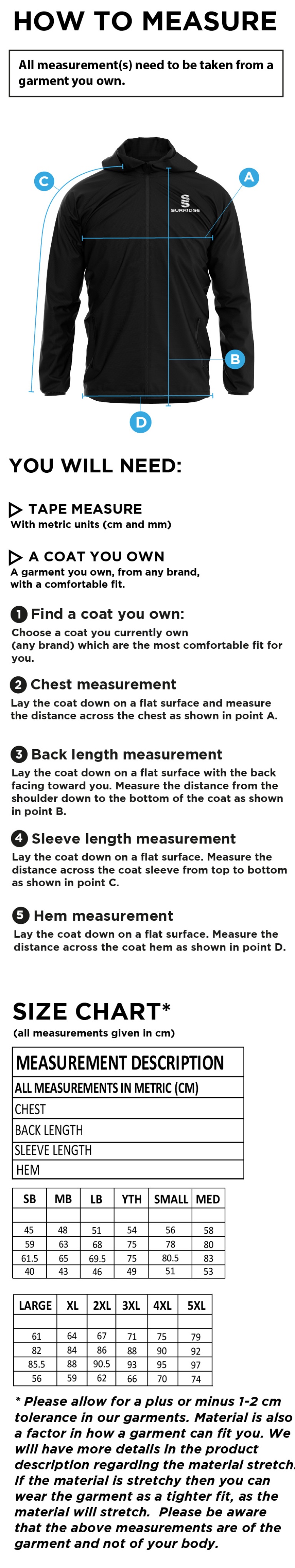 Warlingham Cricket Club Lightweight Full Zip Training Jacket - Size Guide