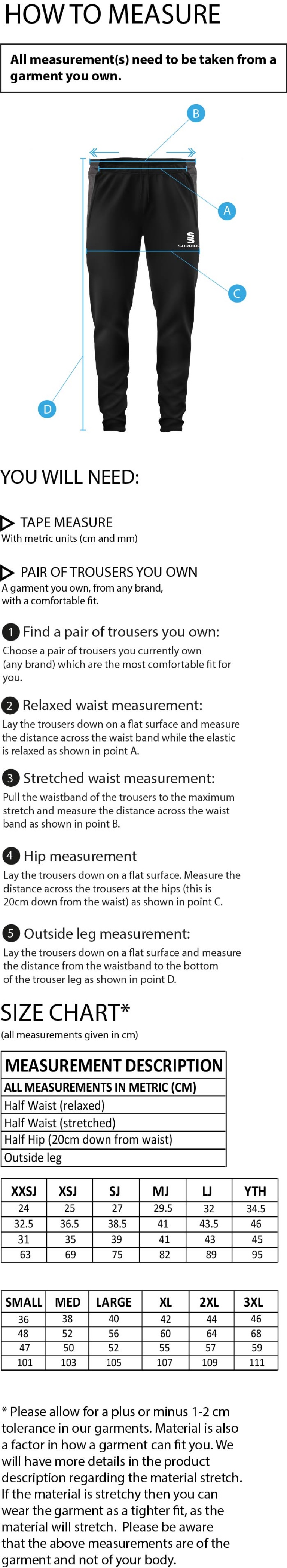 Warlingham Cricket Club Dual Skinny Pants - Size Guide