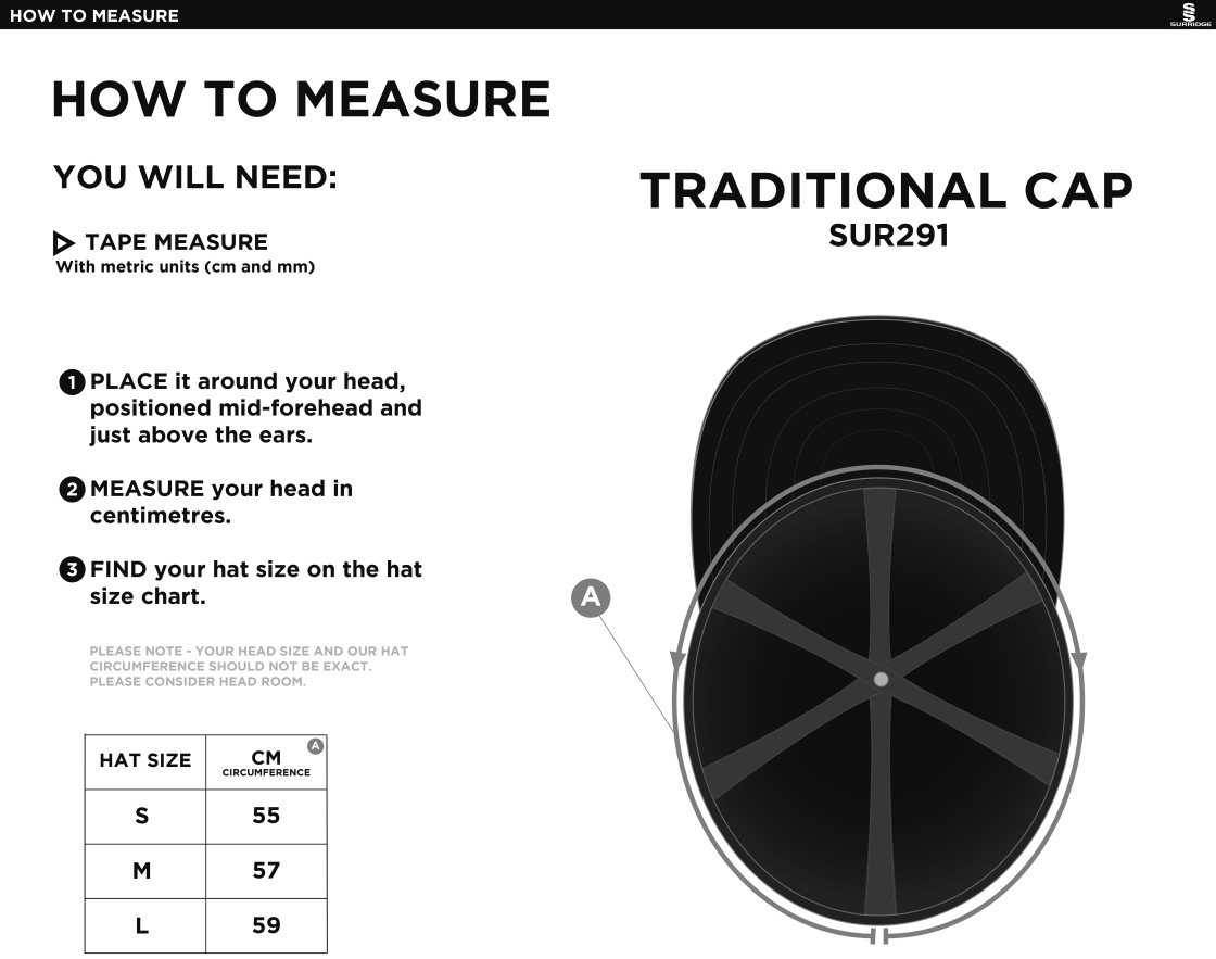 Warlingham Cricket Club Traditional Cap - Size Guide