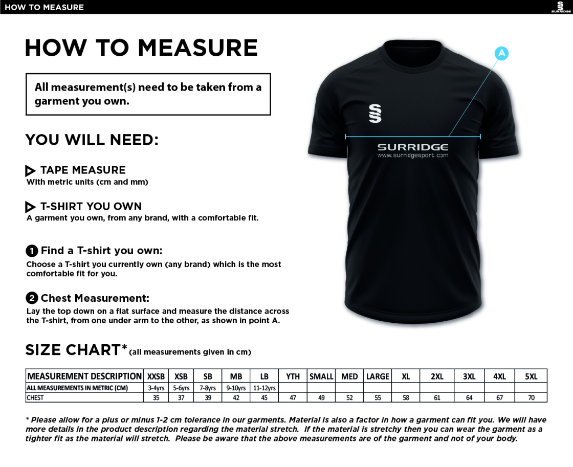 Warlingham Cricket Club Dual Gym Shirt - Size Guide