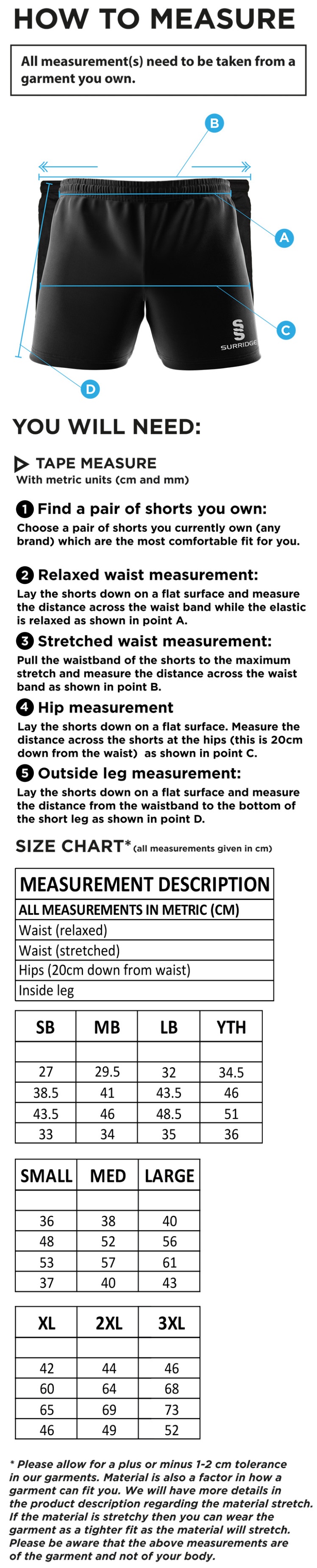 Warlingham Cricket Club Dual Gym Shorts - Size Guide