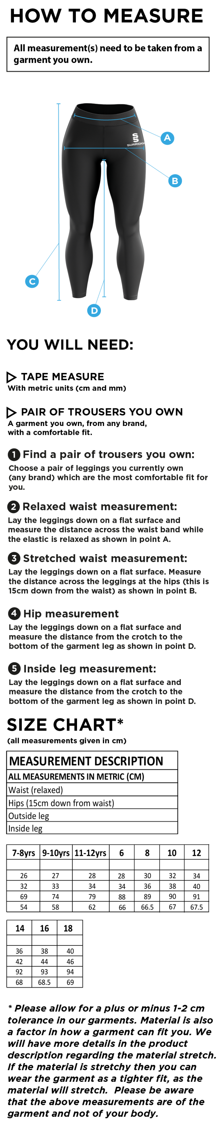 Warlingham Cricket Club Dual Leggings - Size Guide