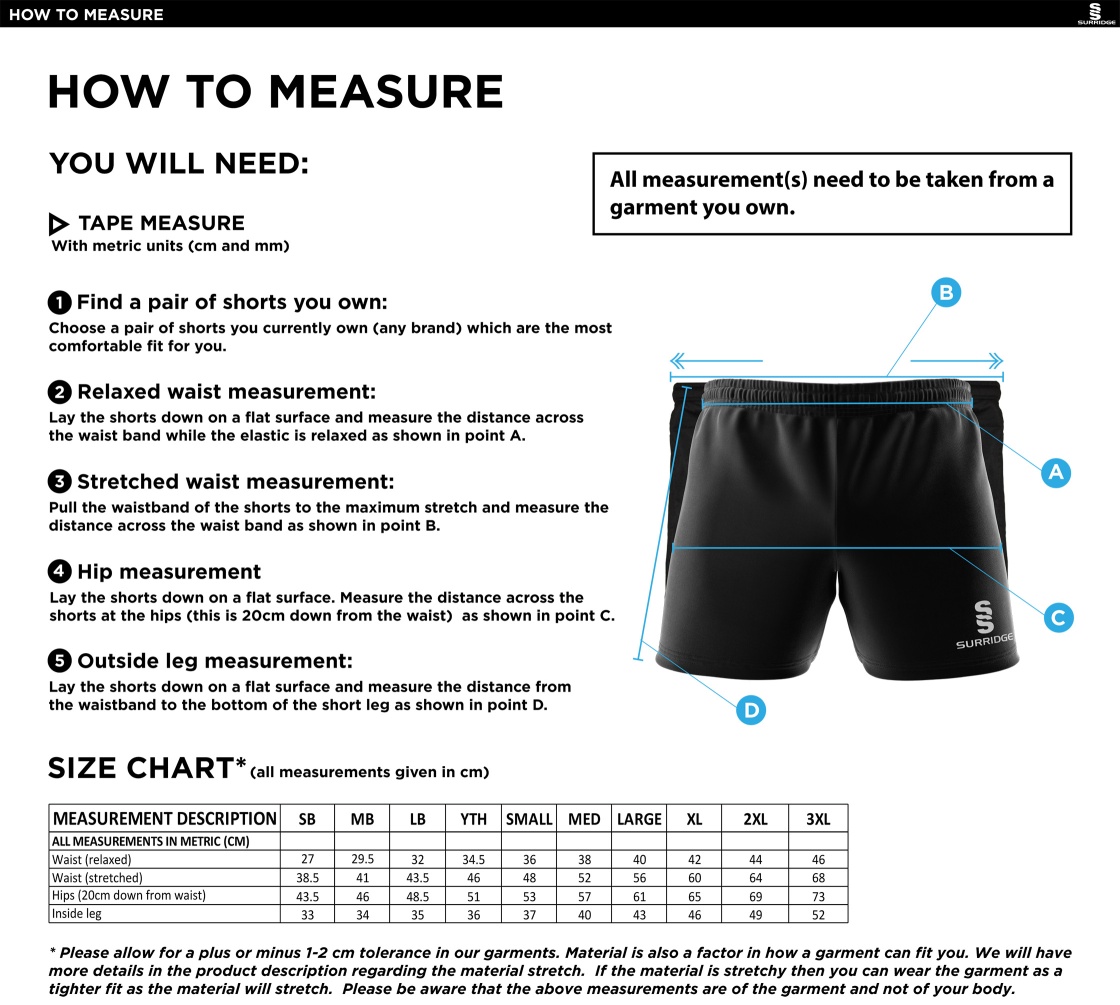 Warlingham Cricket Club Dual Gym Shorts - Size Guide