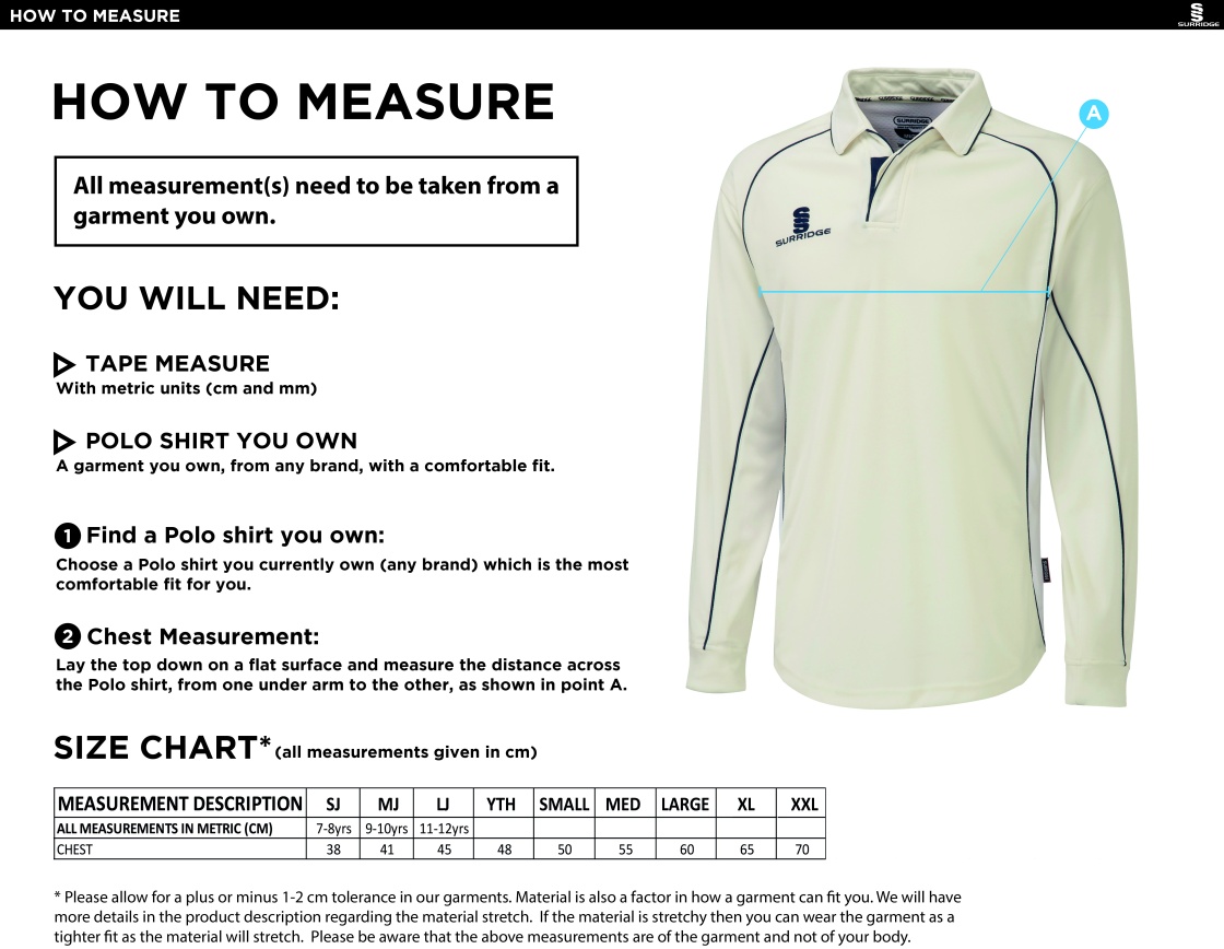 Warlingham Cricket Club Premier Long Sleeve Playing Shirt - Size Guide