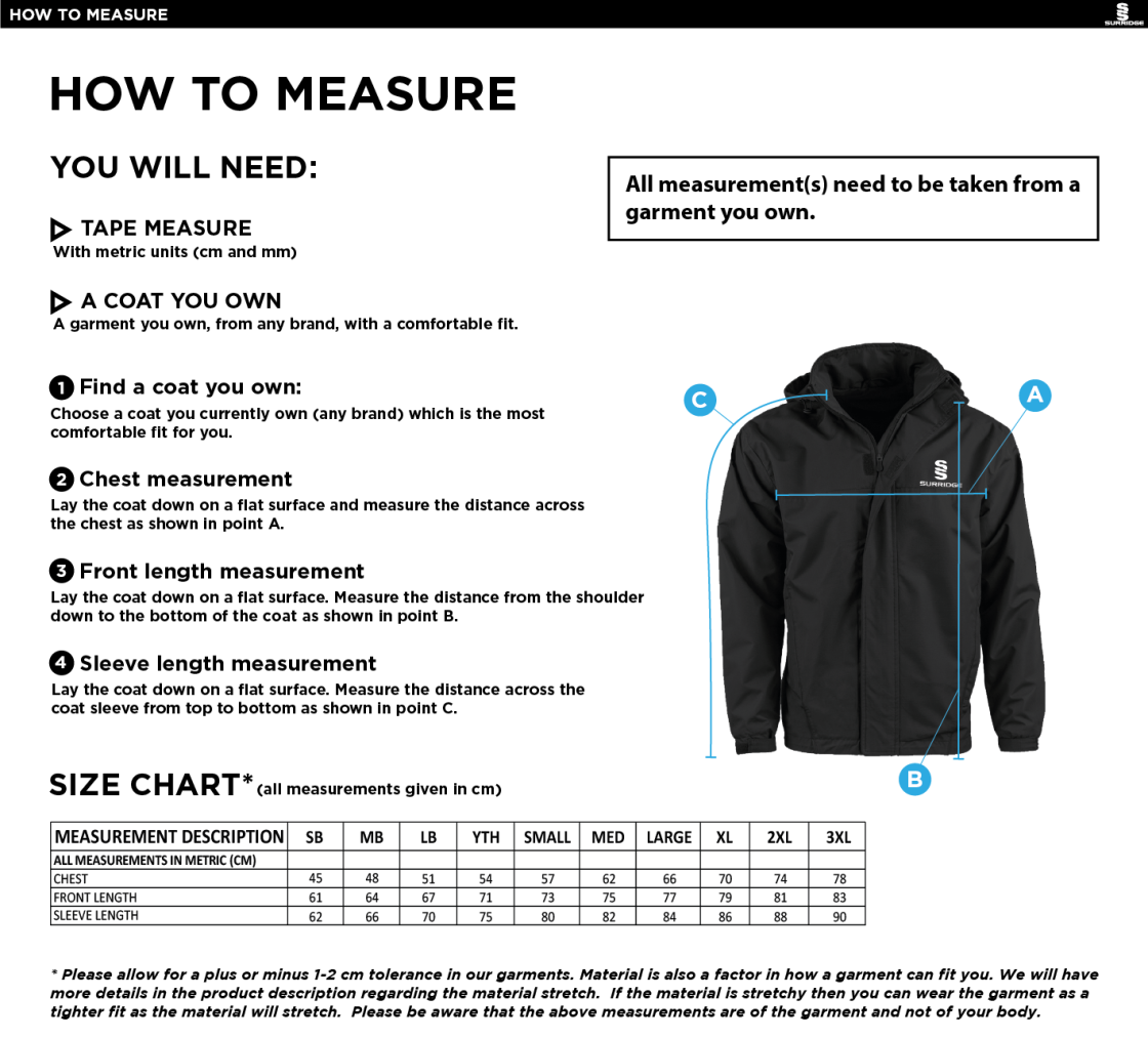 Warlingham Cricket Club Fleeced Line Jacket - Size Guide