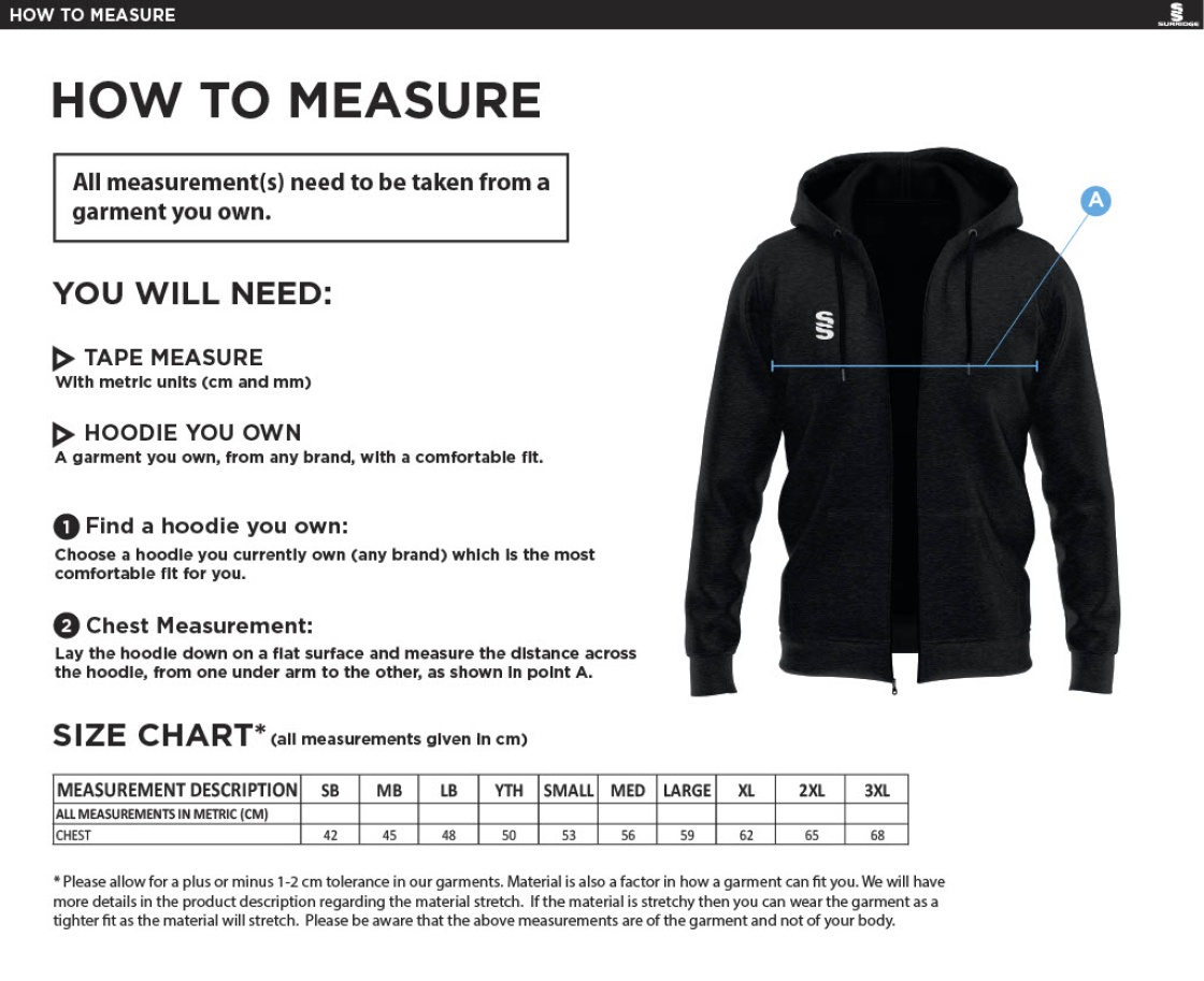 Warlingham Cricket Club Dual Bonded Full Zip Hoody - Size Guide