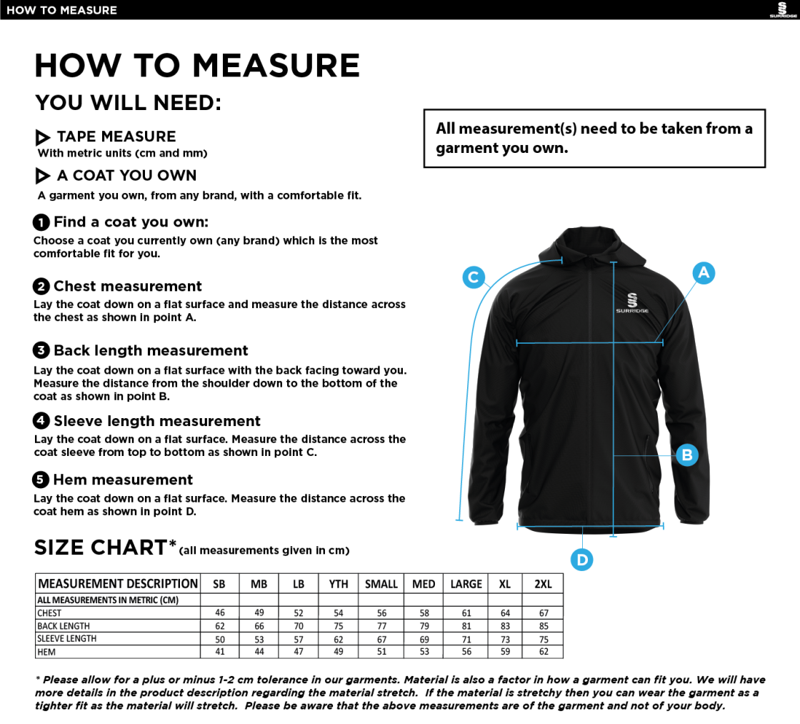 Warlingham Cricket Club Lightweight Full Zip Training Jacket - Size Guide
